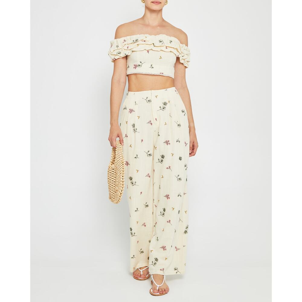 Kourt Sheri Cream Floral Embroidered High Waist Wide Leg Pants Size 2 - Picture 2 of 16